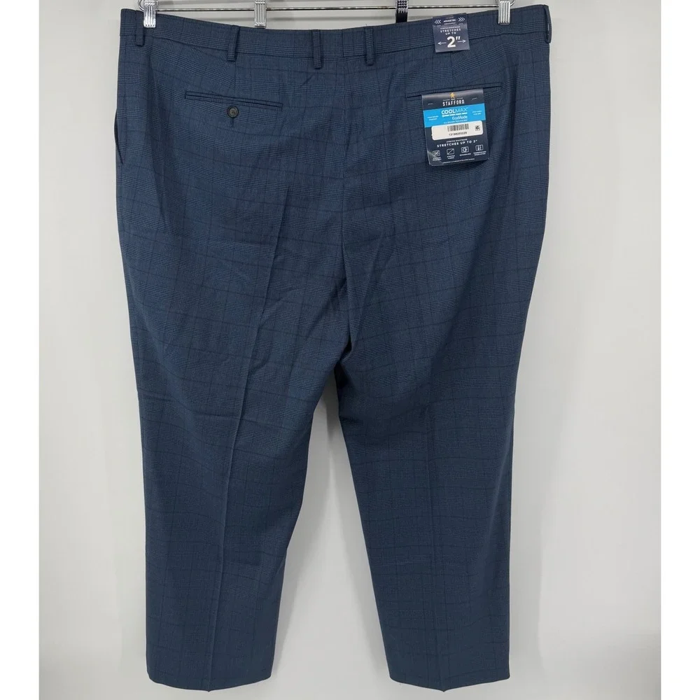 Stafford Dress Pants Mens 50x30 Navy Blue Plaid Coolmax Flat Front Wool Big Tall
